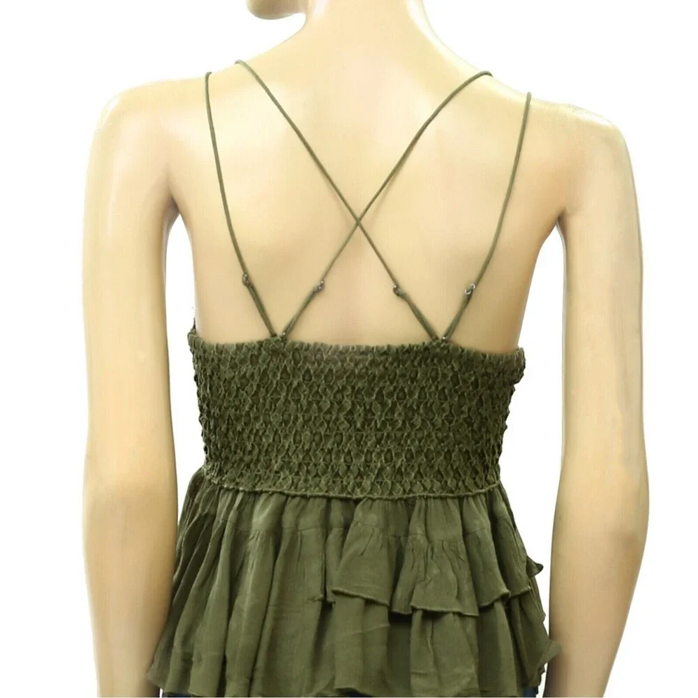 Intimately Free People Adella Cami Blouse Top Crochet Lace Flowy Green M 287108